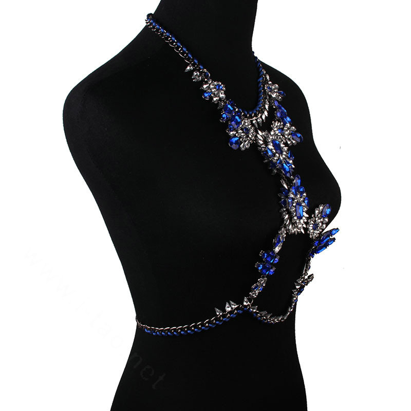 Exaggerate Rhinestone Long Pendant Necklace Bikini Beach Belly Body Chains Jewelry - Blue