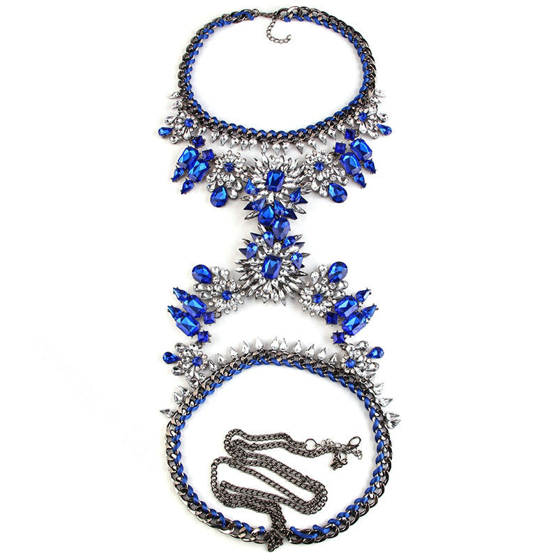 Exaggerate Rhinestone Long Pendant Necklace Bikini Beach Belly Body Chains Jewelry - Blue