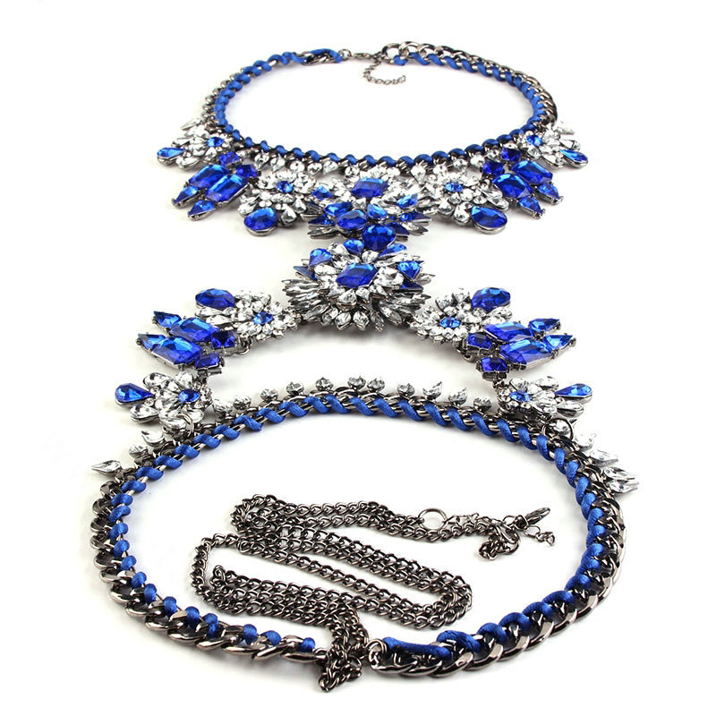 Exaggerate Rhinestone Long Pendant Necklace Bikini Beach Belly Body Chains Jewelry - Blue