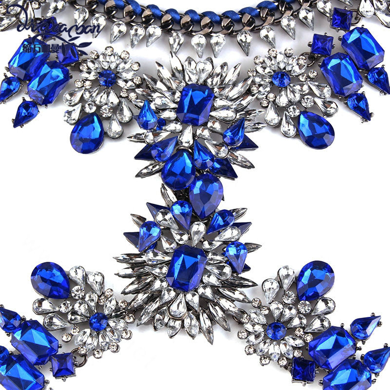 Exaggerate Rhinestone Long Pendant Necklace Bikini Beach Belly Body Chains Jewelry - Blue