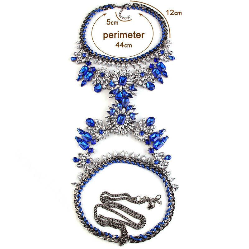 Exaggerate Rhinestone Long Pendant Necklace Bikini Beach Belly Body Chains Jewelry - Blue