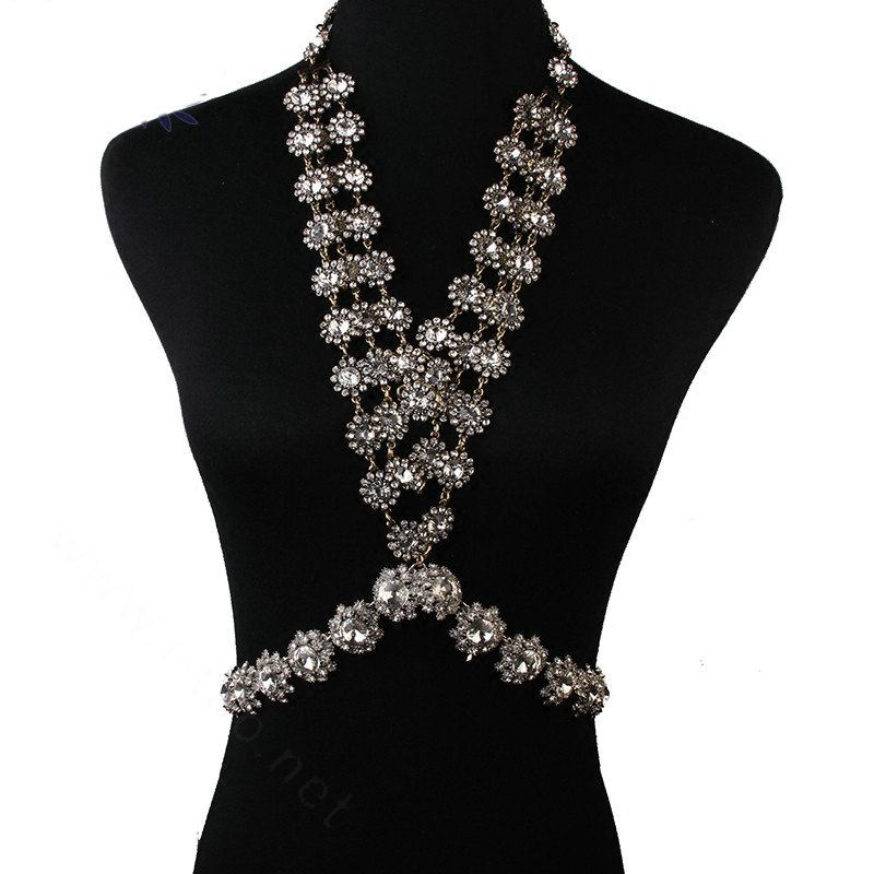 Exaggerate Rhinestone Long Pendant Necklace Bikini Dinner Party Body Chains Jewelry - White