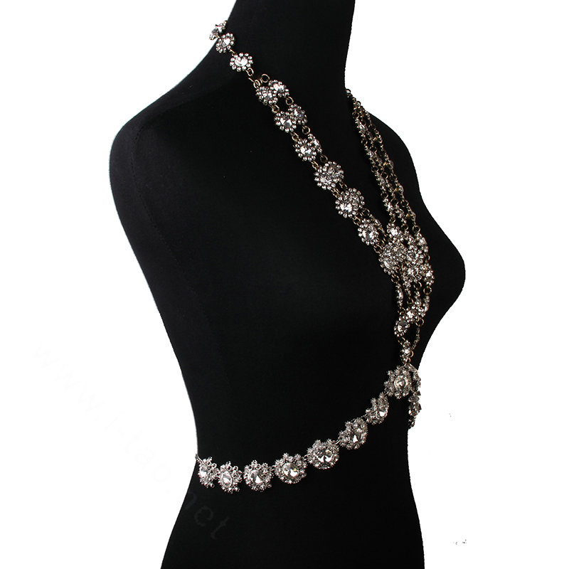 Exaggerate Rhinestone Long Pendant Necklace Bikini Dinner Party Body Chains Jewelry - White