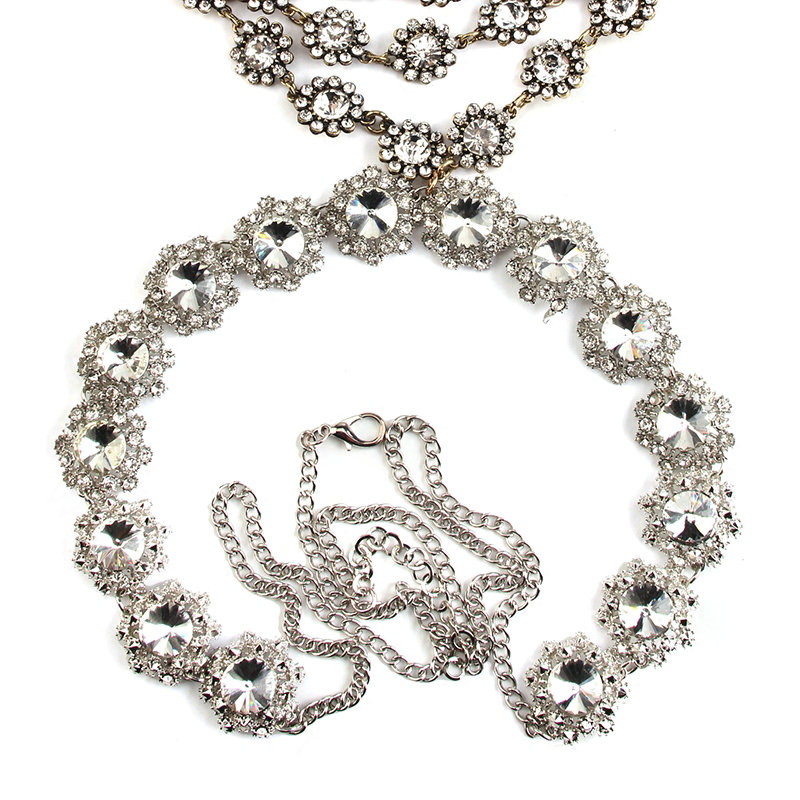 Exaggerate Rhinestone Long Pendant Necklace Bikini Dinner Party Body Chains Jewelry - White