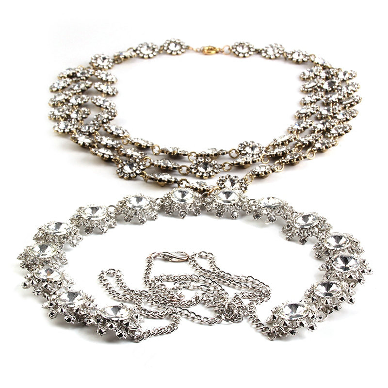 Exaggerate Rhinestone Long Pendant Necklace Bikini Dinner Party Body Chains Jewelry - White