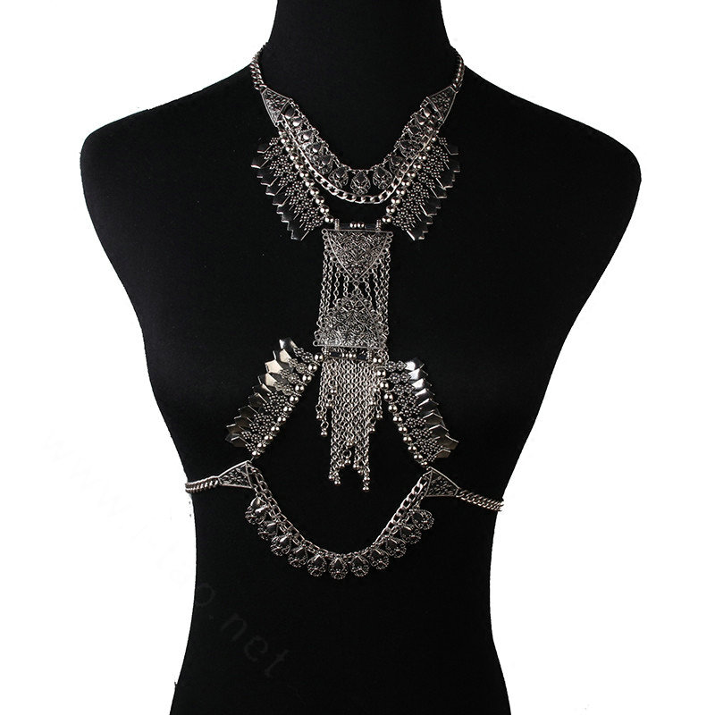 Exaggerate Rhinestone Retro Tassel Pendant Necklace Bikini Showgirl Body Chains Jewelry - Sliver