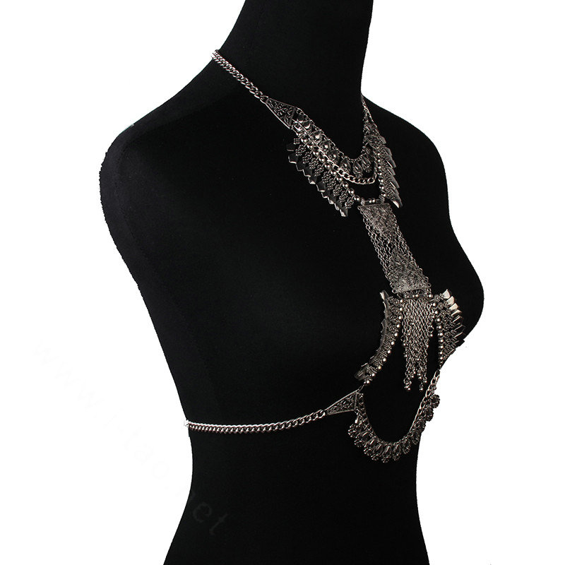 Exaggerate Rhinestone Retro Tassel Pendant Necklace Bikini Showgirl Body Chains Jewelry - Sliver