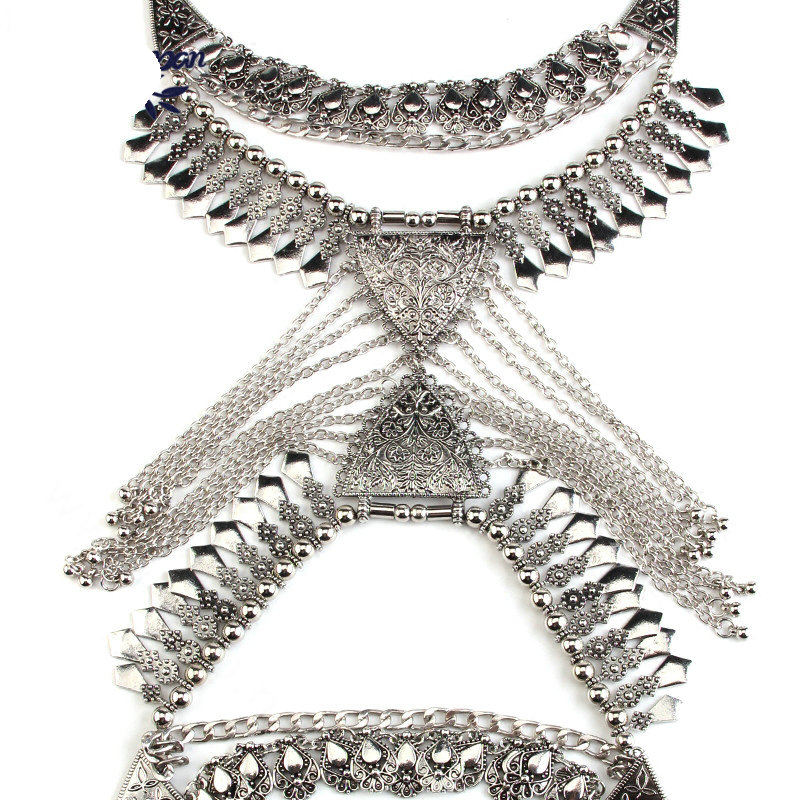 Exaggerate Rhinestone Retro Tassel Pendant Necklace Bikini Showgirl Body Chains Jewelry - Sliver