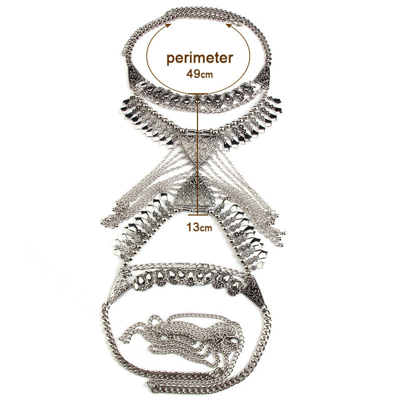 Exaggerate Rhinestone Retro Tassel Pendant Necklace Bikini Showgirl Body Chains Jewelry - Sliver