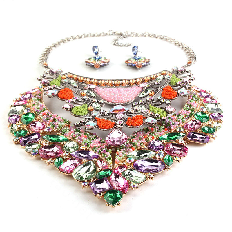 Exaggerate Women Diamond Choker Necklace & Earrings Nightclub Dress Decro Jewelry - Colour