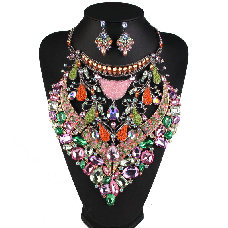 Exaggerate Women Diamond Choker Necklace & Earrings Nightclub Dress Decro Jewelry - Colour