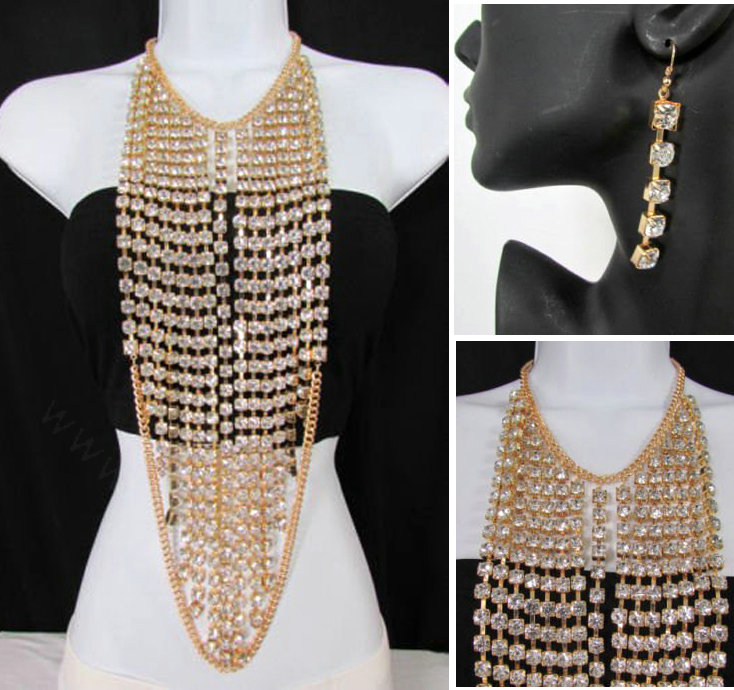 Exaggerated Long Rhinestone Pendants Necklace Dinner Party Dress Decor Jewelry - Gold