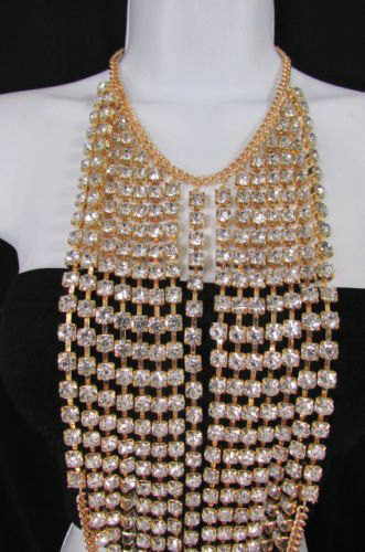 Exaggerated Long Rhinestone Pendants Necklace Dinner Party Dress Decor Jewelry - Gold