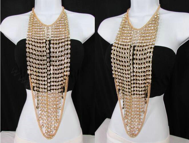 Exaggerated Long Rhinestone Pendants Necklace Dinner Party Dress Decor Jewelry - Gold