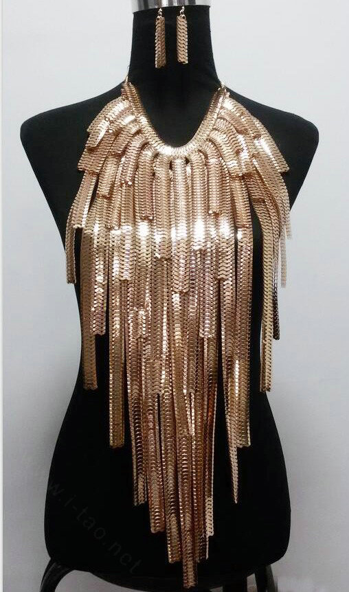 Exaggerated Long Tassel Choker Necklace Showgirl Party Dress Decor Jewelry - Gold