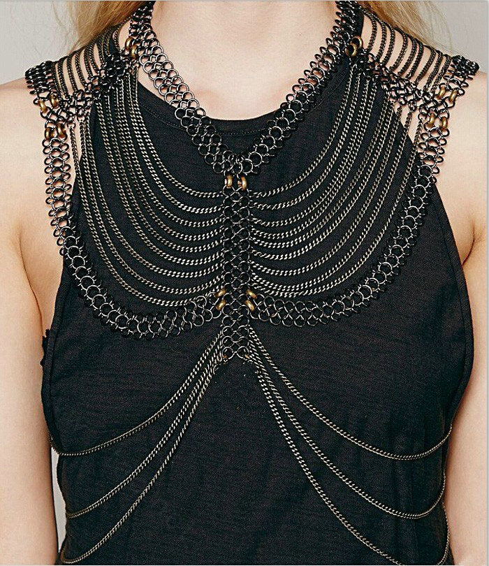 Fashion Alloy Multi Layer Body Chain Punk Slave Harness Shoulder Necklace Jewelry - Gun Black