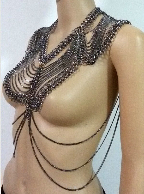 Fashion Alloy Multi Layer Body Chain Punk Slave Harness Shoulder Necklace Jewelry - Gun Black