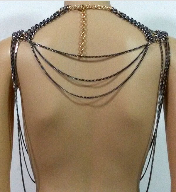 Fashion Alloy Multi Layer Body Chain Punk Slave Harness Shoulder Necklace Jewelry - Gun Black