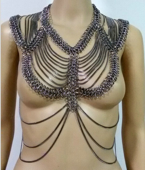 Fashion Alloy Multi Layer Body Chain Punk Slave Harness Shoulder Necklace Jewelry - Sliver