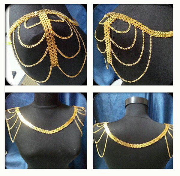 Fashion Alloy Shoulder Necklace Multilayer Tassels Body Chains Punk Jewelry - Gold