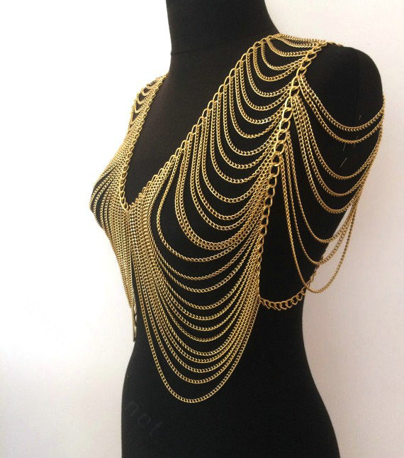 Fashion Alloy Shoulder Necklace Multilayer Tassels Link Body Chains Punk Jewelry - Gold
