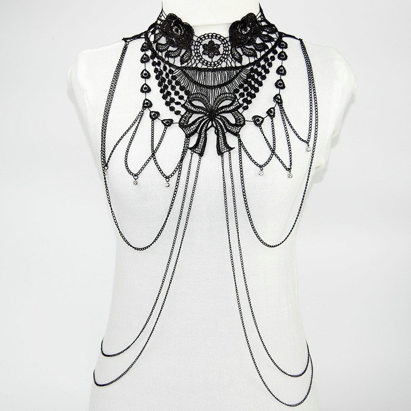 Fashion Belly Waist Body Chain Hollow Lace Flower Crystal Choker Necklace Jewelry - Black