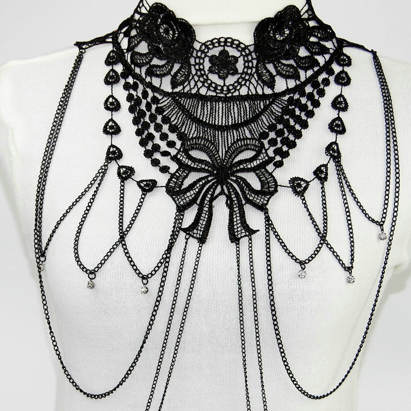 Fashion Belly Waist Body Chain Hollow Lace Flower Crystal Choker Necklace Jewelry - Black