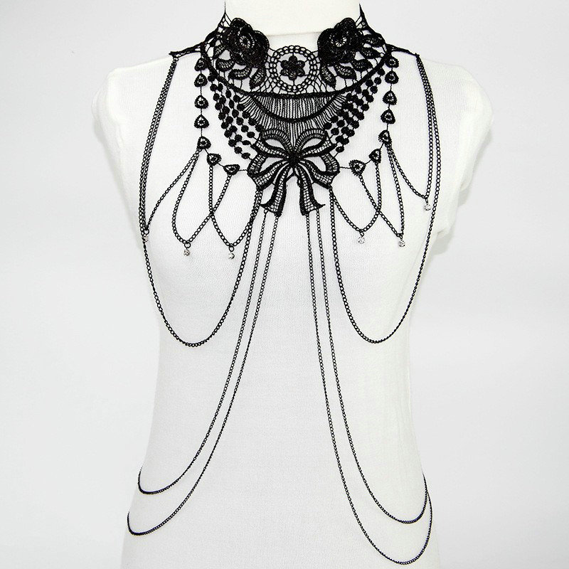 Fashion Belly Waist Body Chain Hollow Lace Flower Crystal Choker Necklace Jewelry - Black