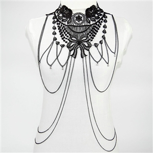 Fashion Belly Waist Body Chain Hollow Lace Flower Crystal Choker Necklace Jewelry - Black