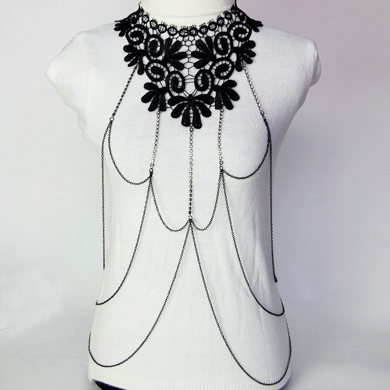 Fashion Belly Waist Body Chain Sexy Crystal Lace Choker Necklace Harness Jewelry - Black