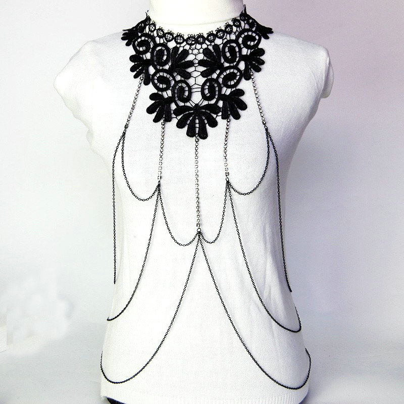 Fashion Belly Waist Body Chain Sexy Crystal Lace Choker Necklace Harness Jewelry - Black