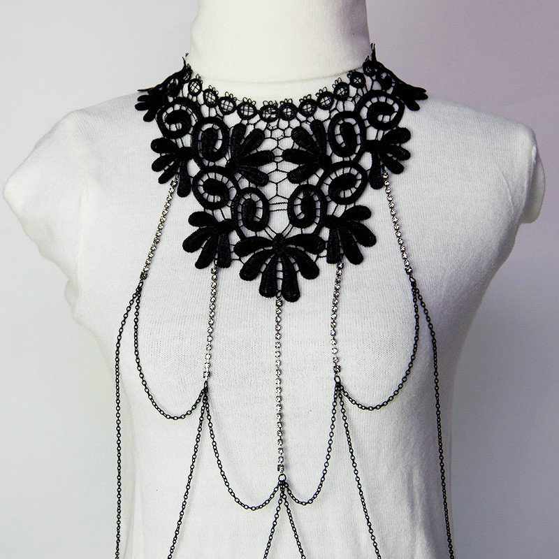 Fashion Belly Waist Body Chain Sexy Crystal Lace Choker Necklace Harness Jewelry - Black