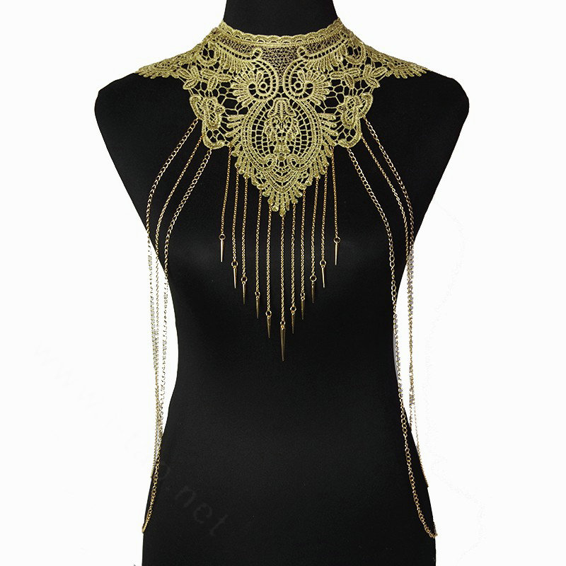 Fashion Belly Waist Body Chain Sexy Tassel Lace Choker Necklace Harness Jewelry - Gold