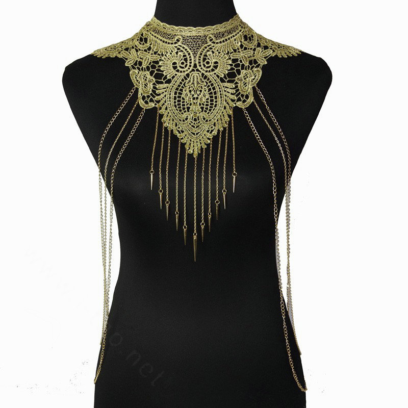 Fashion Belly Waist Body Chain Sexy Tassel Lace Choker Necklace Harness Jewelry - Gold