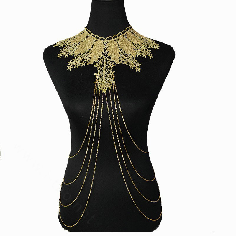 Fashion Belly Waist Body Chain Sexy Tassel Lace Leaves Choker Necklace Jewelry - Gold