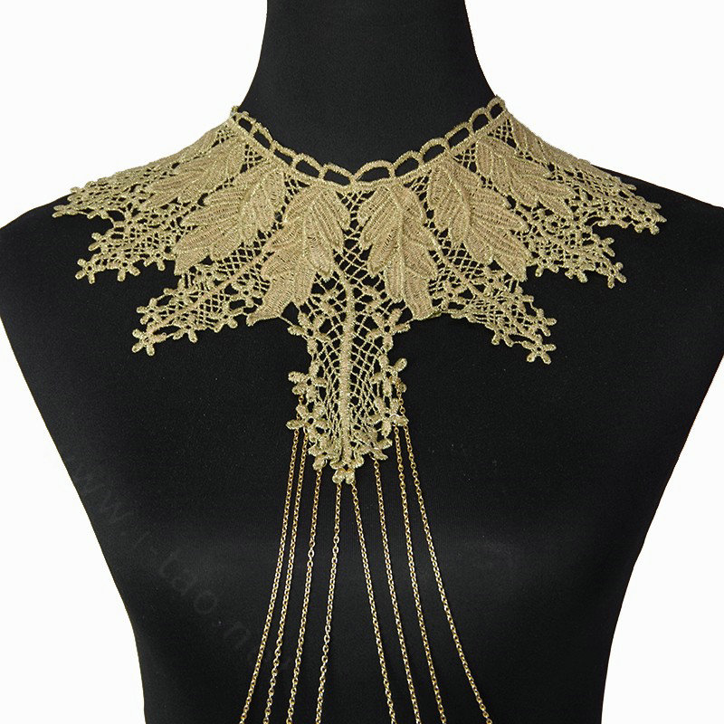 Fashion Belly Waist Body Chain Sexy Tassel Lace Leaves Choker Necklace Jewelry - Gold
