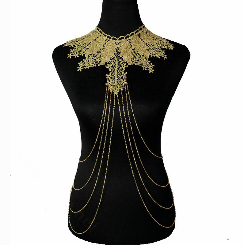 Fashion Belly Waist Body Chain Sexy Tassel Lace Leaves Choker Necklace Jewelry - Gold