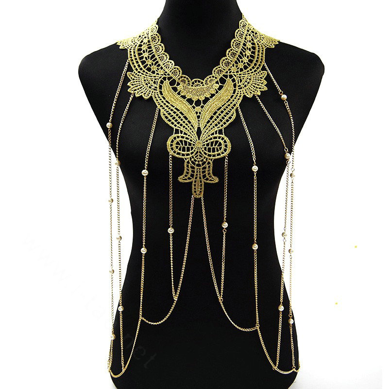 Fashion Belly Waist Body Chain Tassel Lace Butterfly Pearl Choker Necklace Jewelry - Gold