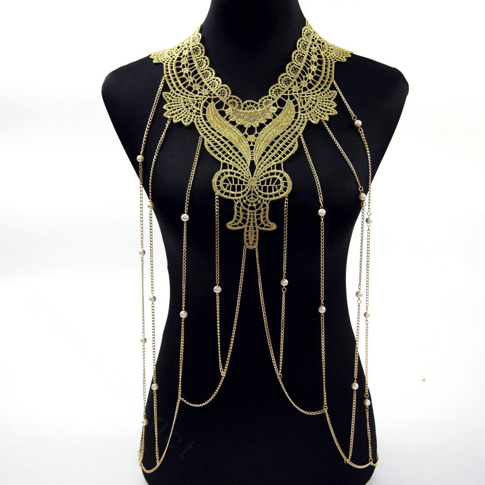 Fashion Belly Waist Body Chain Tassel Lace Butterfly Pearl Choker Necklace Jewelry - Gold