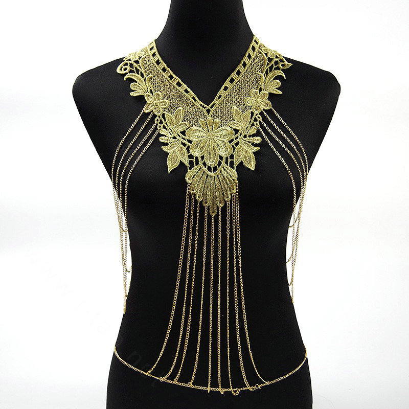 Fashion Belly Waist Body Chain Tassel Lace Flower Choker Necklace Jewelry - Gold