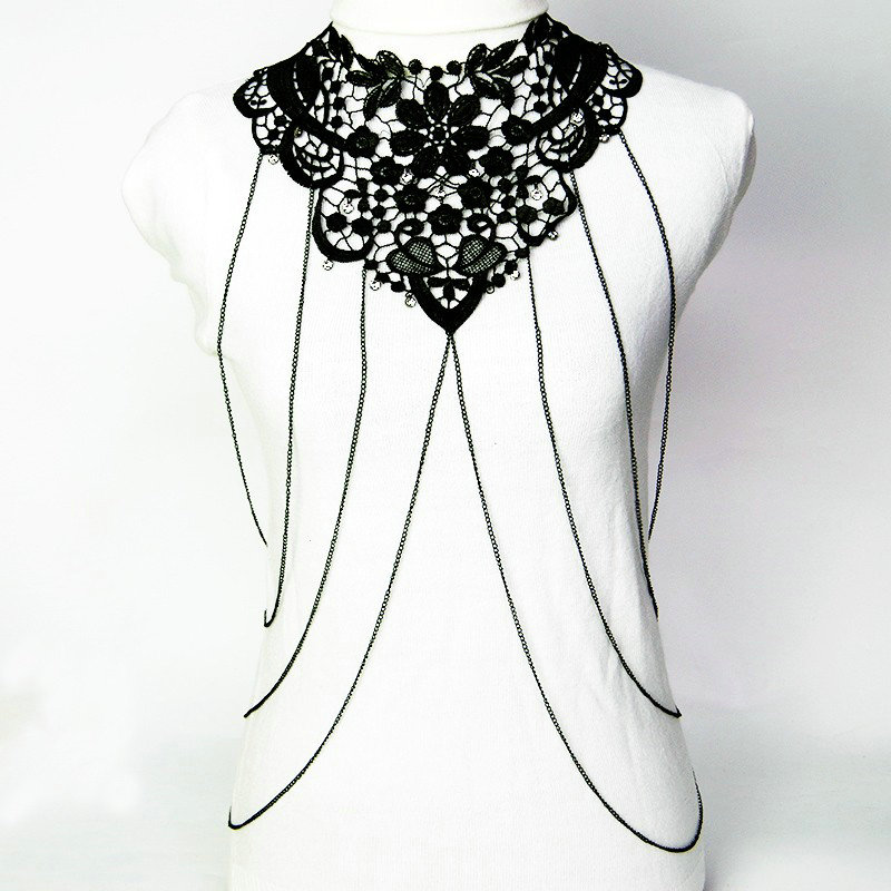 Fashion Belly Waist Body Chain Tassel Lace Flower Crystal Choker Necklace Jewelry - Black