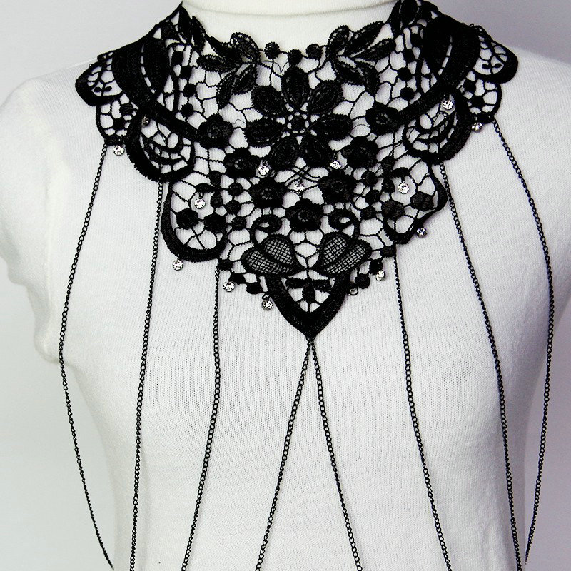 Fashion Belly Waist Body Chain Tassel Lace Flower Crystal Choker Necklace Jewelry - Black