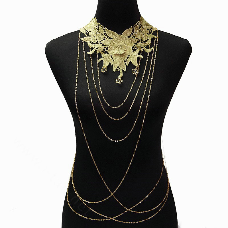 Fashion Belly Waist Body Chain Tassel Lace Flower Crystal Choker Necklace Jewelry - Gold