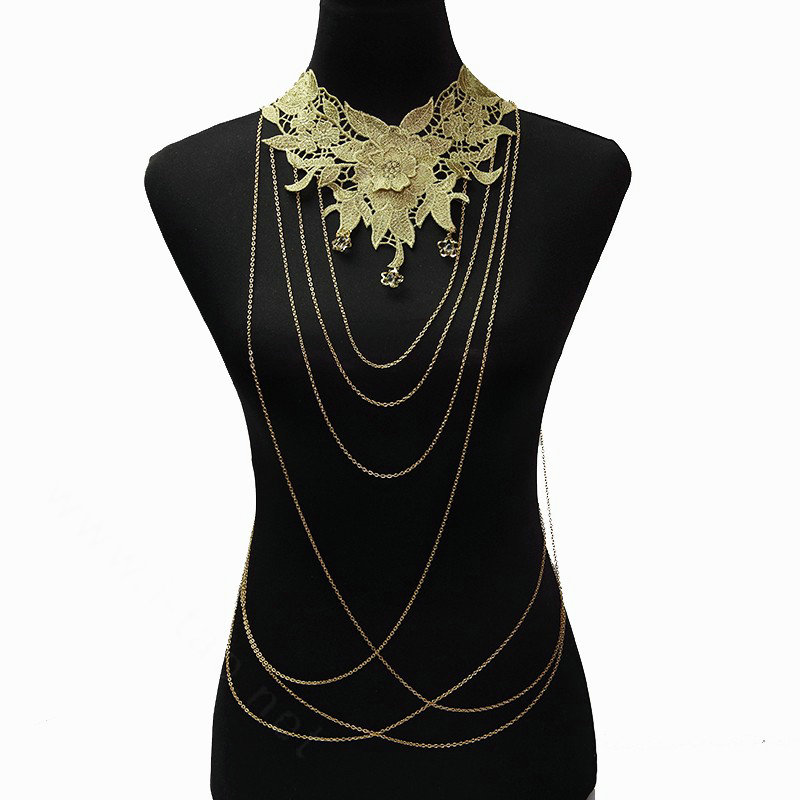 Fashion Belly Waist Body Chain Tassel Lace Flower Crystal Choker Necklace Jewelry - Gold