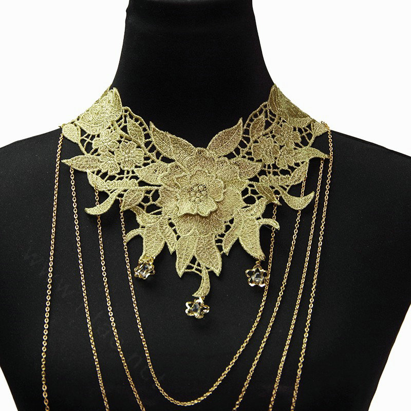 Fashion Belly Waist Body Chain Tassel Lace Flower Crystal Choker Necklace Jewelry - Gold