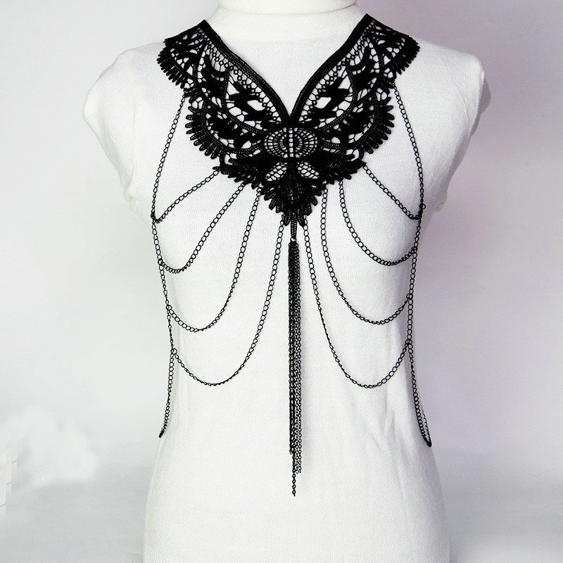 Fashion Belly Waist Body Chain Tassel Lace Hollow Flower Choker Necklace Jewelry - Black