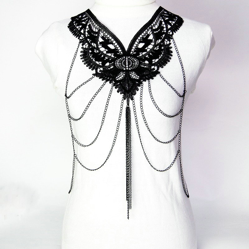 Fashion Belly Waist Body Chain Tassel Lace Hollow Flower Choker Necklace Jewelry - Black