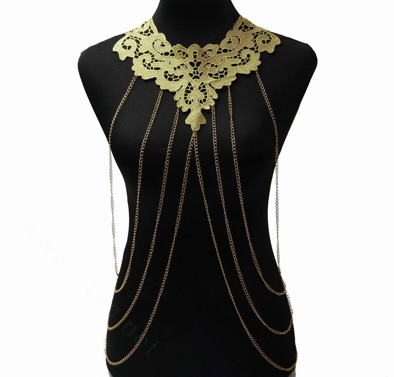 Fashion Belly Waist Body Chain Tassel Lace Hollow Flower Choker Necklace Jewelry - Gold