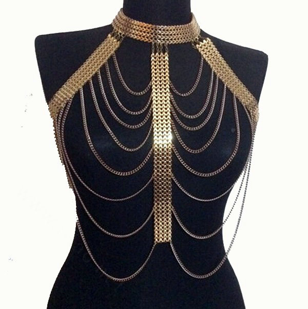 Fashion Body Chain Club Dance Tassel Alloy Punk Long Necklace Pendants Jewelry - Gold