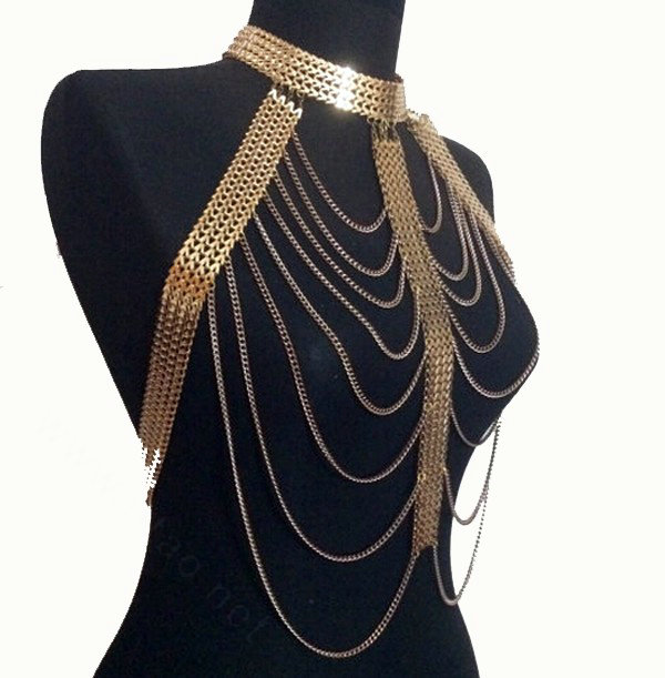 Fashion Body Chain Club Dance Tassel Alloy Punk Long Necklace Pendants Jewelry - Gold